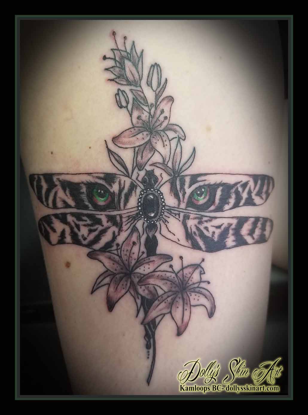 dragonfly tattoo lilies tiger black and grey shading green white flowers tattoo kamloops dolly's skin art