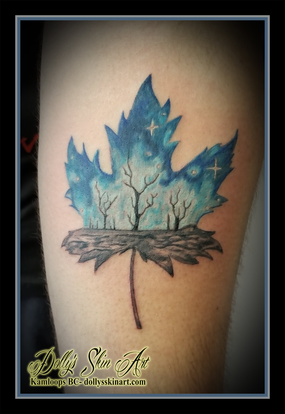 colour maple leaf trees stars blue white black forearm tattoo kamloops dolly's skin art