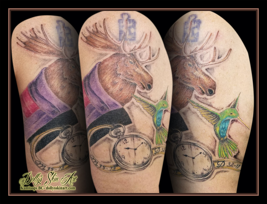 moose hummingbird tattoo pocket watch quilt green blue yellow red purple brown black and grey shoulder colour tattoo kamloops tattoo dolly's skina rt