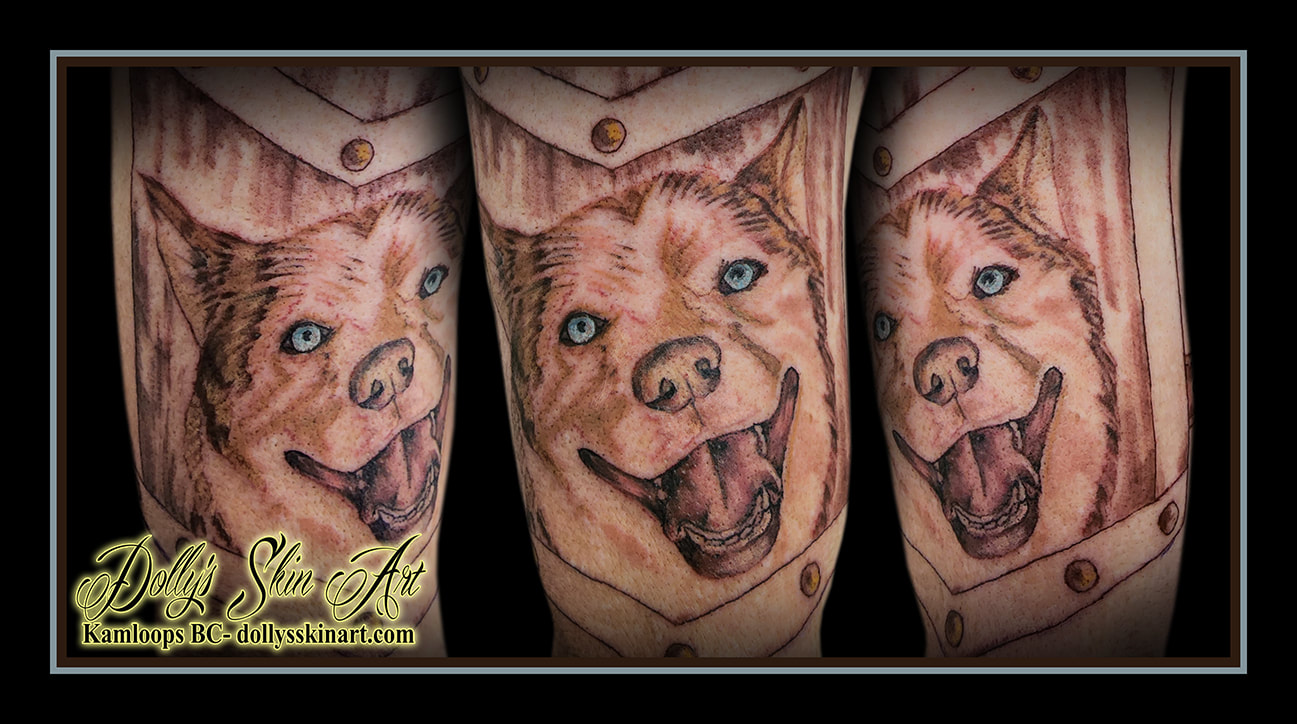 dog tattoo puppy face black and grey shading blue brown tattoo dolly's skin art kamloops