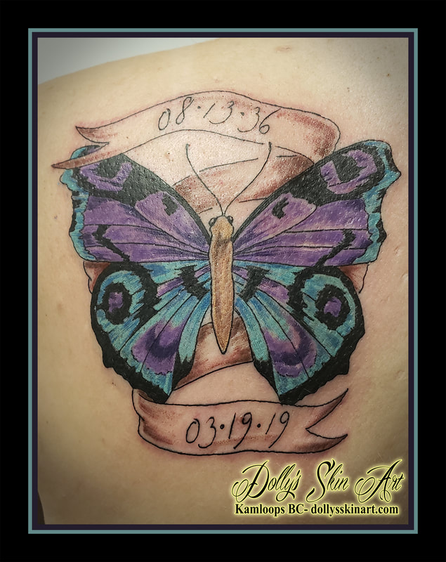 butterfly tattoo memorial dates banner colour blue purple black white tattoo kamloops dolly's skin art