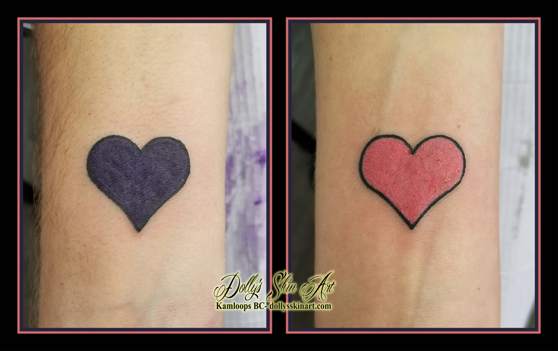 small heart matching friends black outline pink purple wrist tattoo kamloops tattoo dolly's skin art