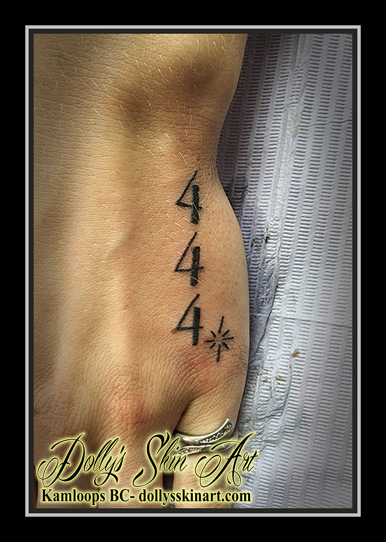 444 tattoo hand numbers numerals black tattoo dolly's skin art kamloops