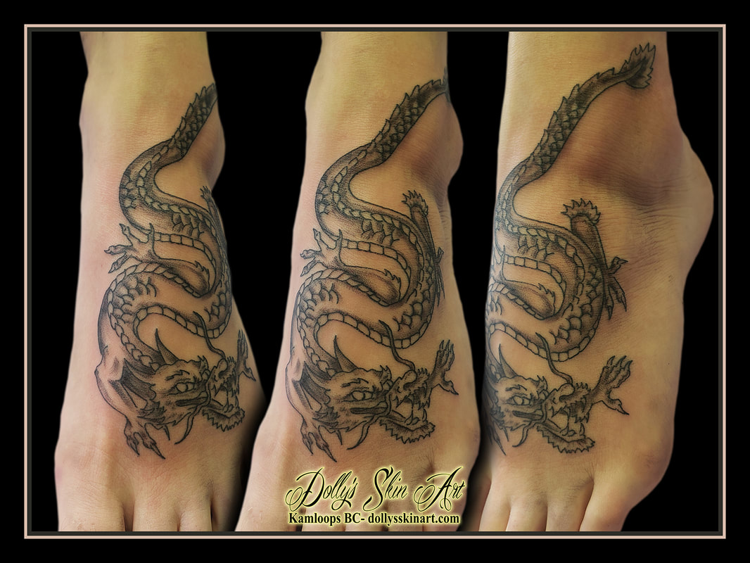 dragon tattoo foot chinese asian linework black tattoo dolly's skin art kamloops