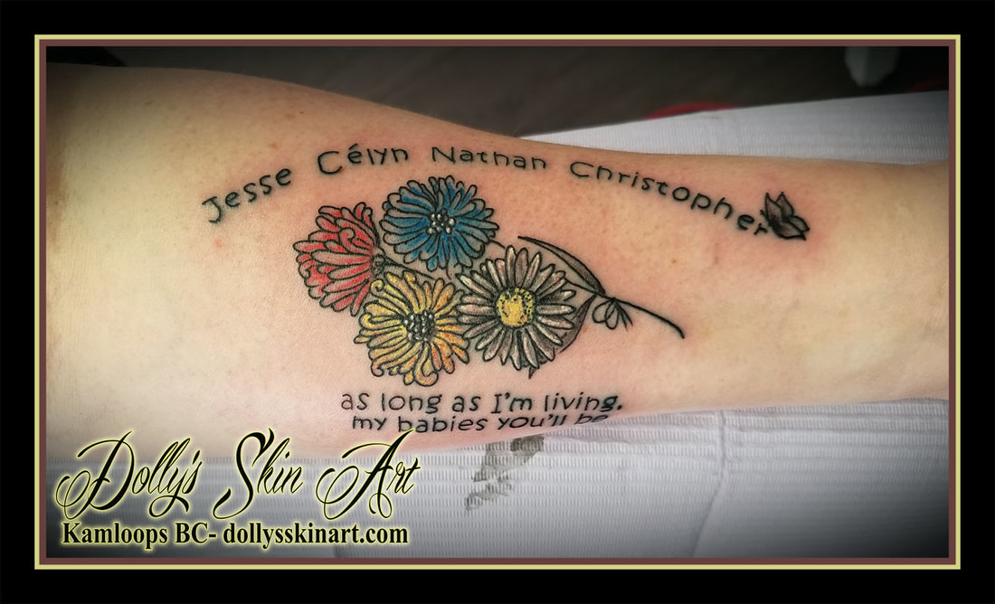 colour birth flowers chrysanthemum jesse celyn nathan christopher as long as i'm living my babies you'll be butterfly red blue yellow white forearm tattoo kamloops dolly's skin art