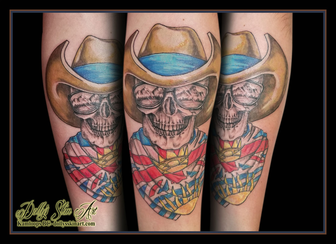 black and grey colour skull skeleton bandana flag british columbia cowboy hat sunglasses rocky mountains yellow blue red white forearm tattoo kamloops dolly's skin art