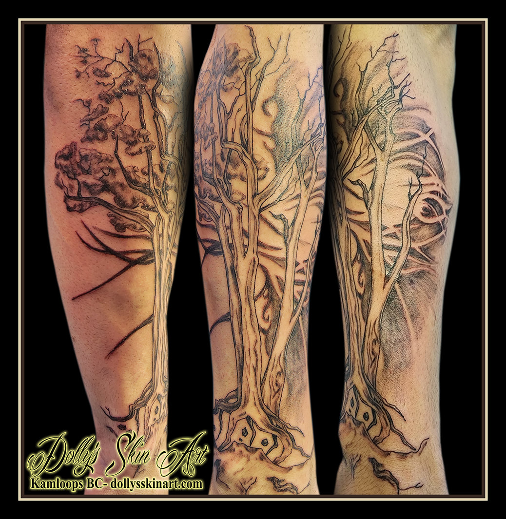 arbutus tree tattoo dark versus light black and grey shading forearm tattoo dolly's skin art kamloops british columbia