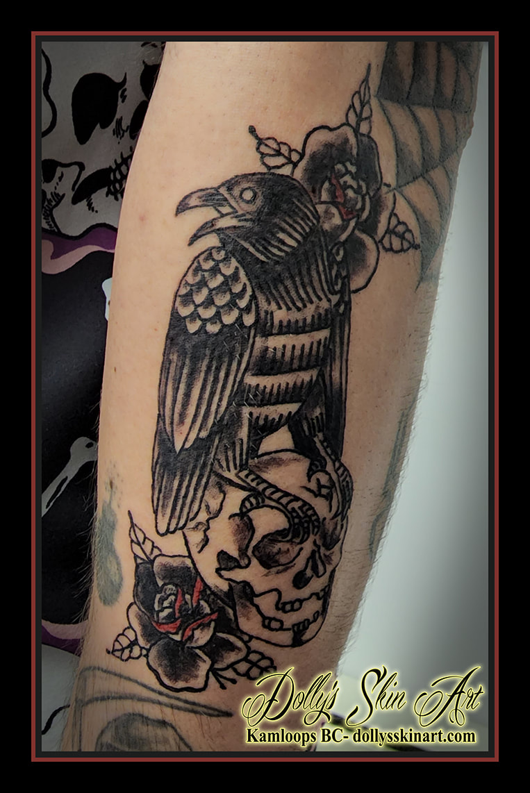 raven tattoo skull flowers roses traditional style black red arm tattoo dolly's skin art kamloops