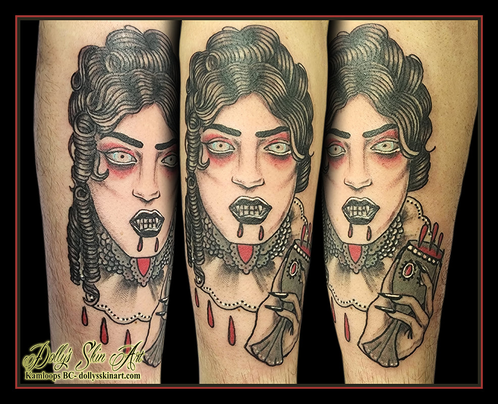 vampire tattoo traditional style colour black red grey shading white arm tattoo dolly's skin art kamloops