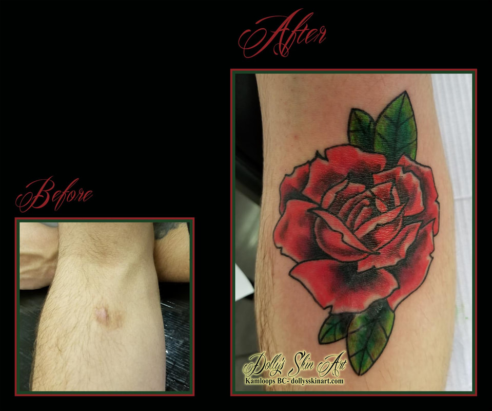 red rose green scar cover up forearm before after tattoo kamloops dolly's skin art