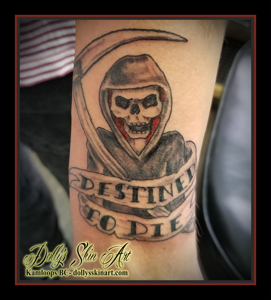 traditional black red grim reaper destined to die simple old school lettering font arm tattoo kamloops dolly's skin art