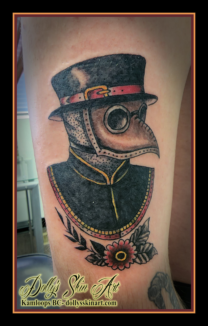 plague doctor tattoo colour traditional black red yellow flower hat mask shading arm tattoo dolly's skin art kamloops