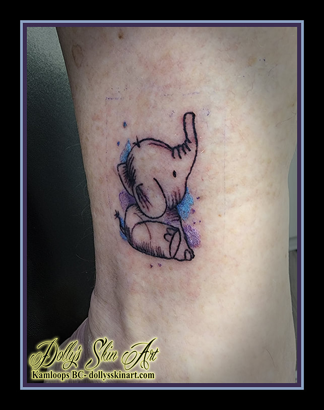 elephant tattoo small linework black blue purple water colour baby tattoo dolly's skin art kamloops