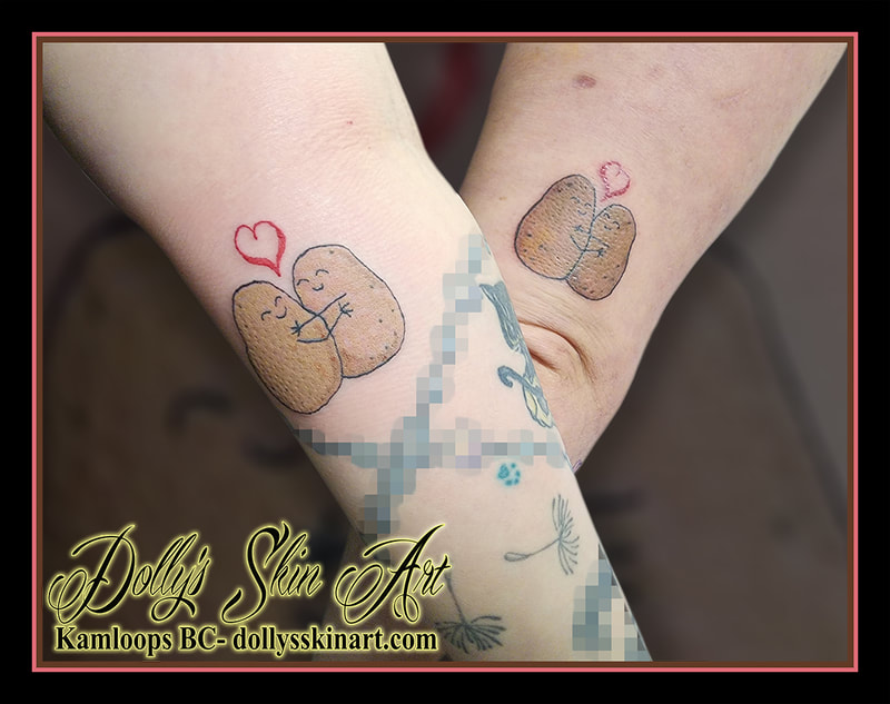 potato hugging tattoo sisters matching patata colour brown black red tattoo kamloops dolly's skin art