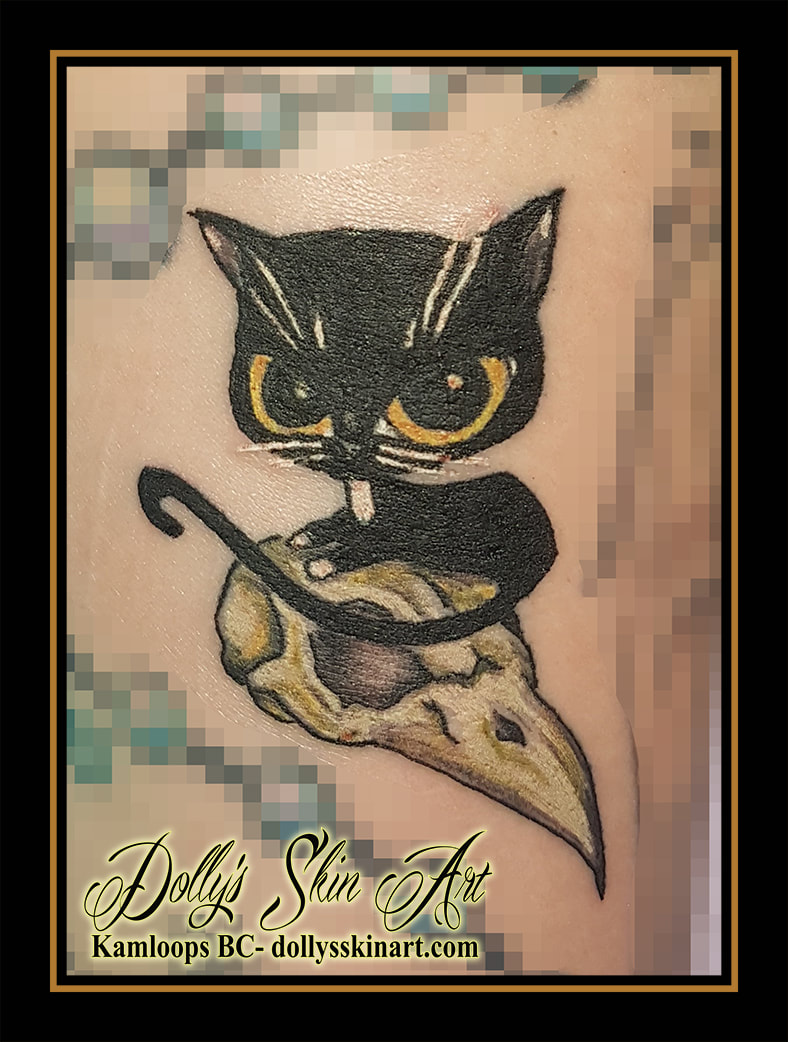 cat tattoo black cat cartoon animated style colour bird skull white yellow green black tattoo kamloops dolly's skin art