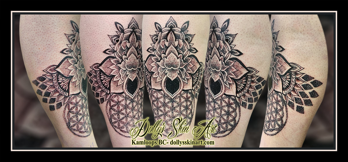 mandala lotus tattoo stipple dotwork black and grey shading linework leg shin geometric tattoo kamloops dolly's skin art