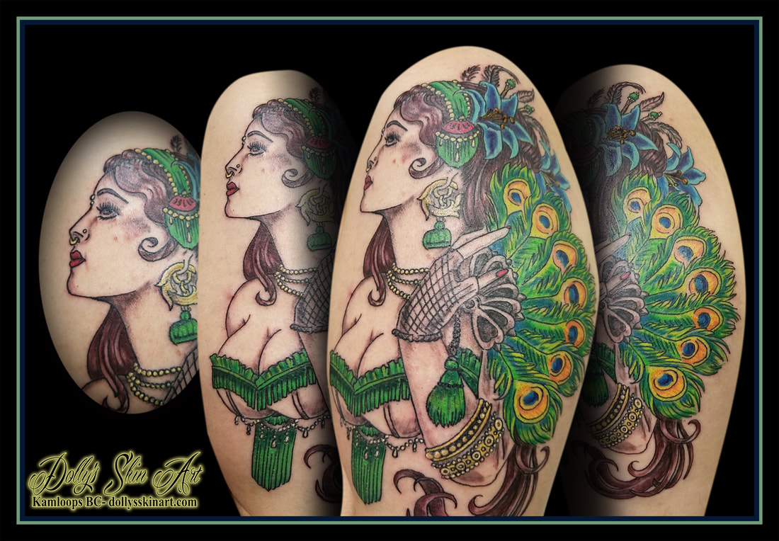 lady luck tattoo bust face peacock colour shoulder lace jewelry green yellow blue brown orange feathers tattoo kamloops tattoo dolly's skin art