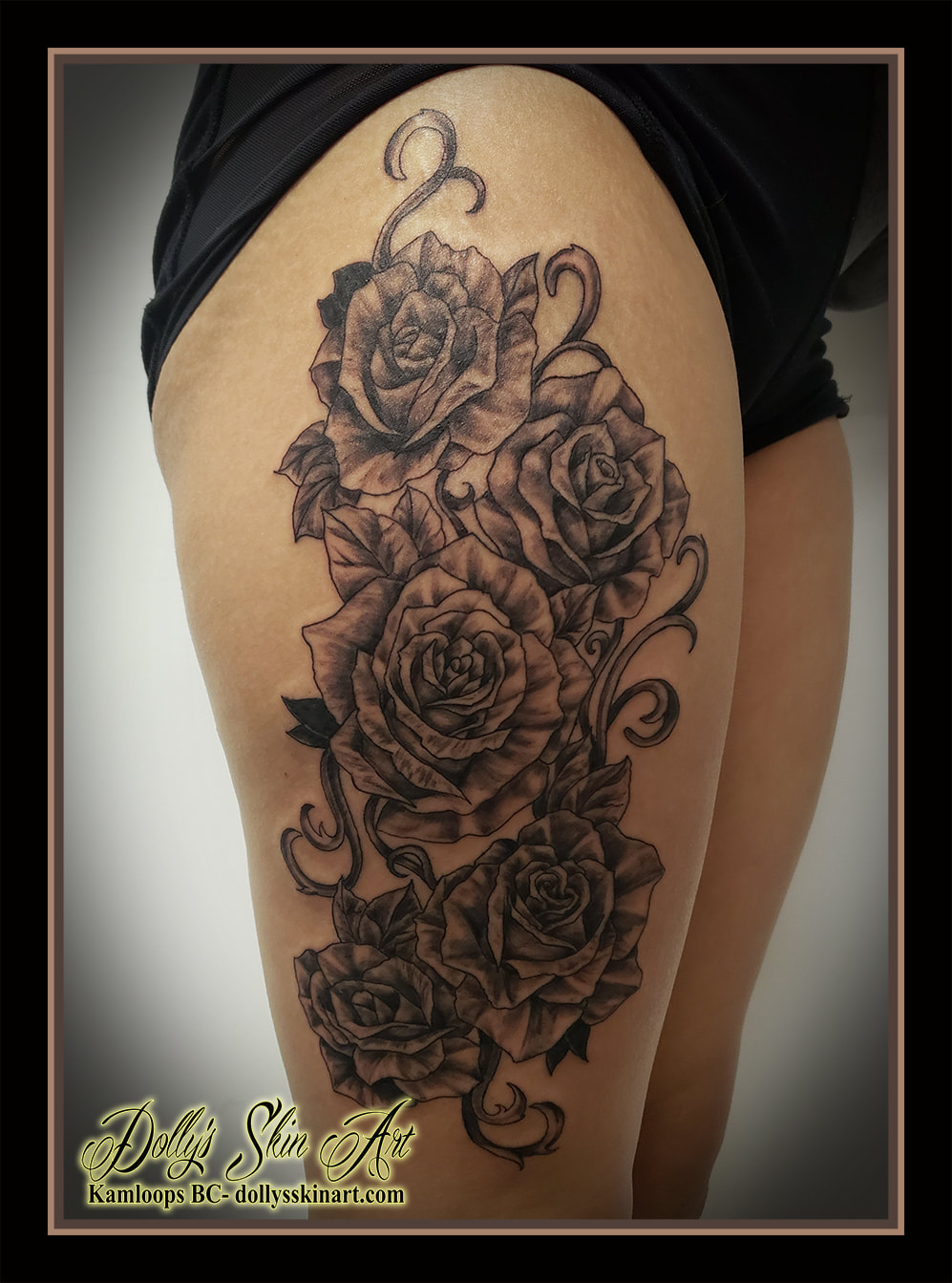 roses tattoo black and grey flowers shading filigree thigh petals leaves leg tattoo kamloops dolly's skin art