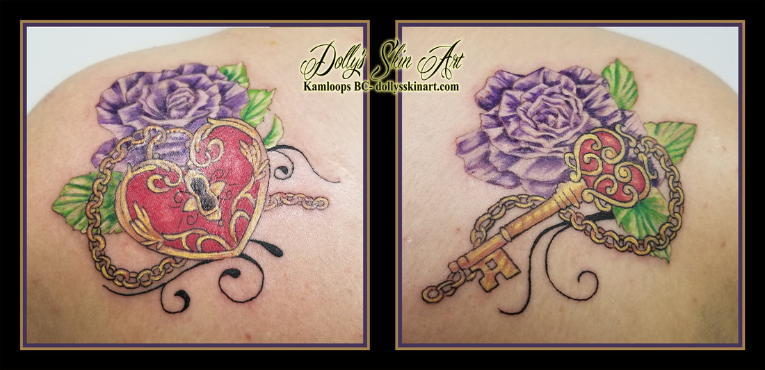 lock and key heart roses leavs gold yellow red purple green filigree colour color tattoo kamloops tattoo dolly's skin art