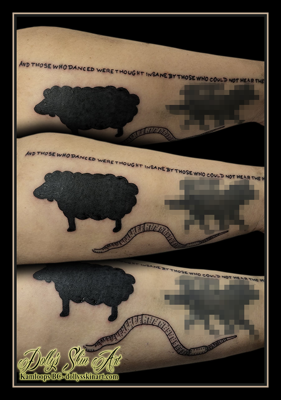 sheep worm tattoo shilhouette black and grey shading solid forearm tattoo dolly's skin art kamloops