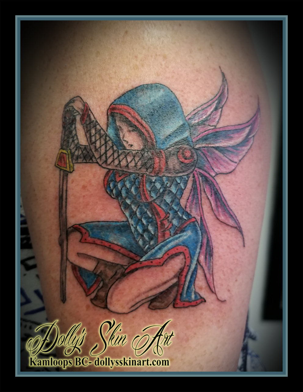 warrior fairy faerie colour kneel blue red purple tattoo kamloops dolly's skin art