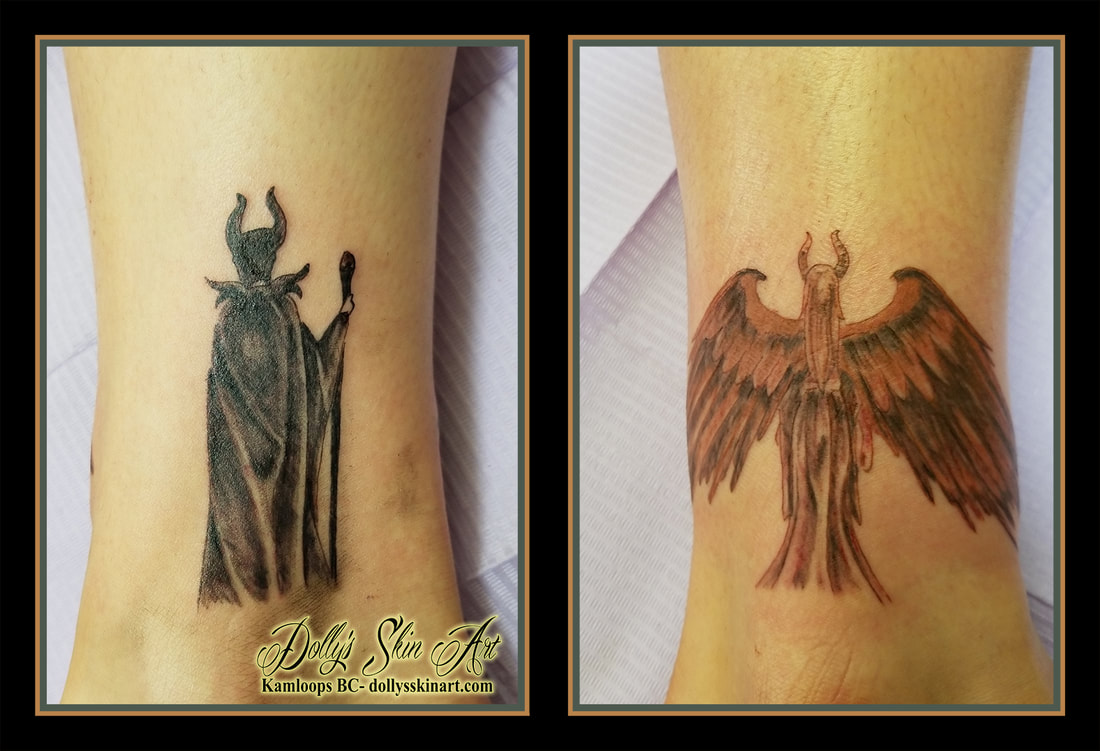 maleficent black brown wings leg small colour shaded tattoo kamloops dolly's skin art