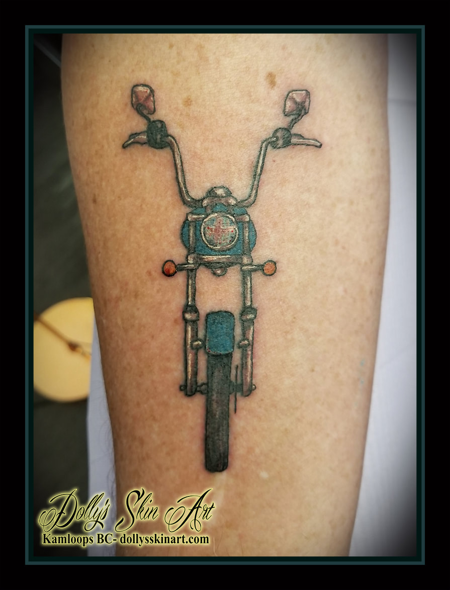 bike tattoo motorcycle cruiser motorbike custom front end blue orange white black colour tattoo kamloops dolly's skin art