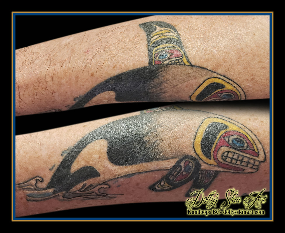 orca tattoo indigenous style colour jumping water black white blue yellow red tattoo kamloops dolly's skin art