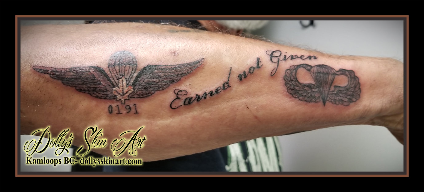 canadian forces paratrooper earned not given canada 0191 black and grey shaded wings forearm tattoo kamloops dolly's skin art