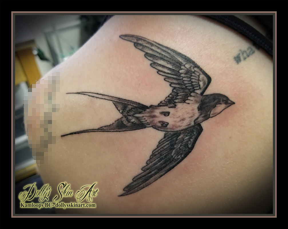 swallow tattoo black and grey shading shoulder back bird flying tattoo kamloops dolly's skin art