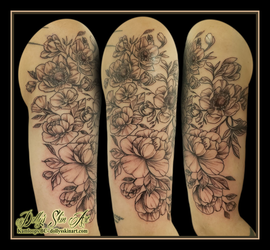 flowers sleeve tattoo floral black and grey shading shoulder arm tattoo dolly's skin art kamloops