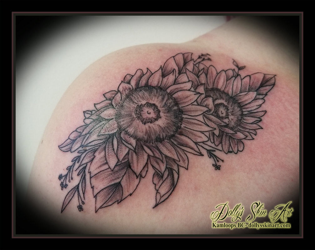 sunflower tattoo black and grey flowers floral leaves shoulder shaded tattoo kamloops dolly's skin art