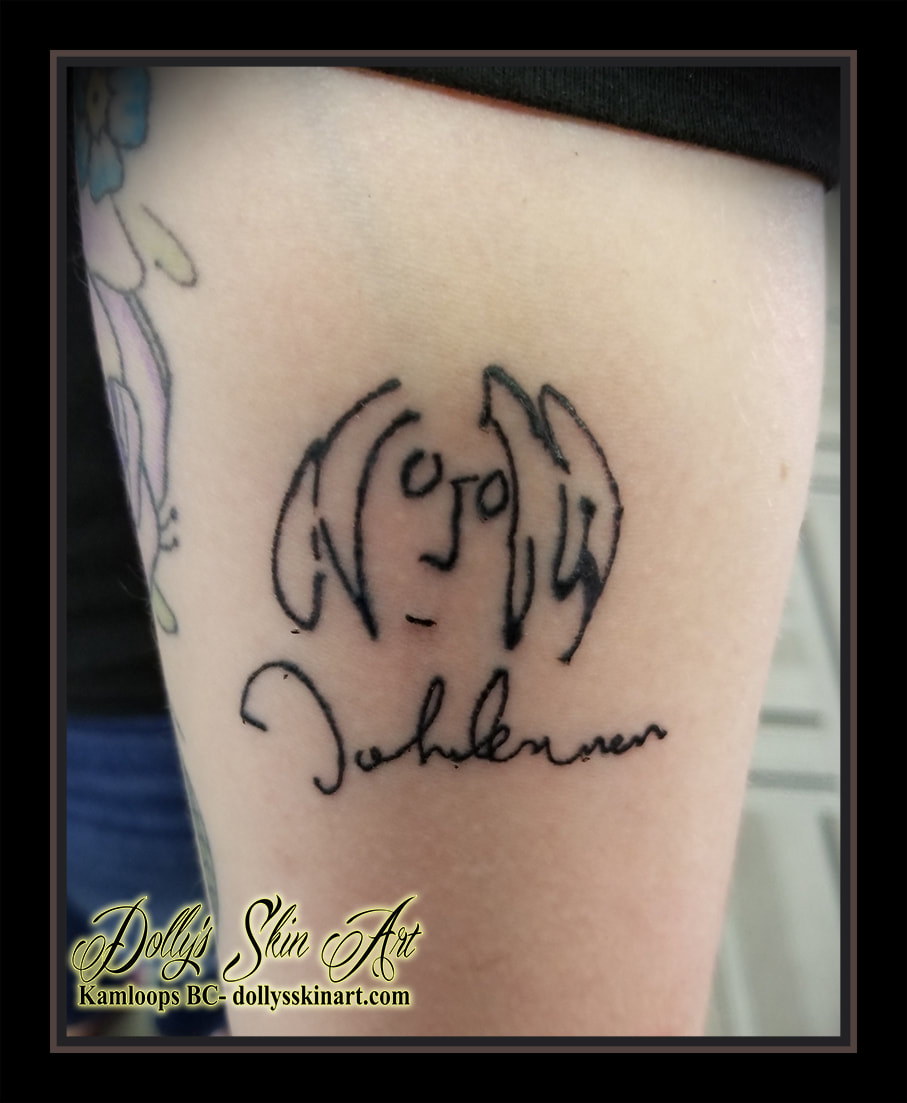 john lennon black small squiggle signature self portrait arm forearm tattoo kamloops tattoo dolly's skin art