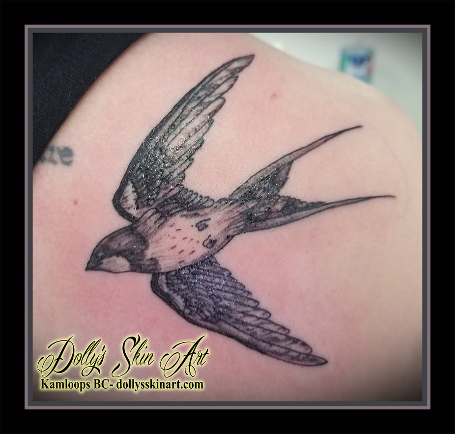 swallow bird tattoo black and grey shading shoulder tattoo kamloops dolly's skin art