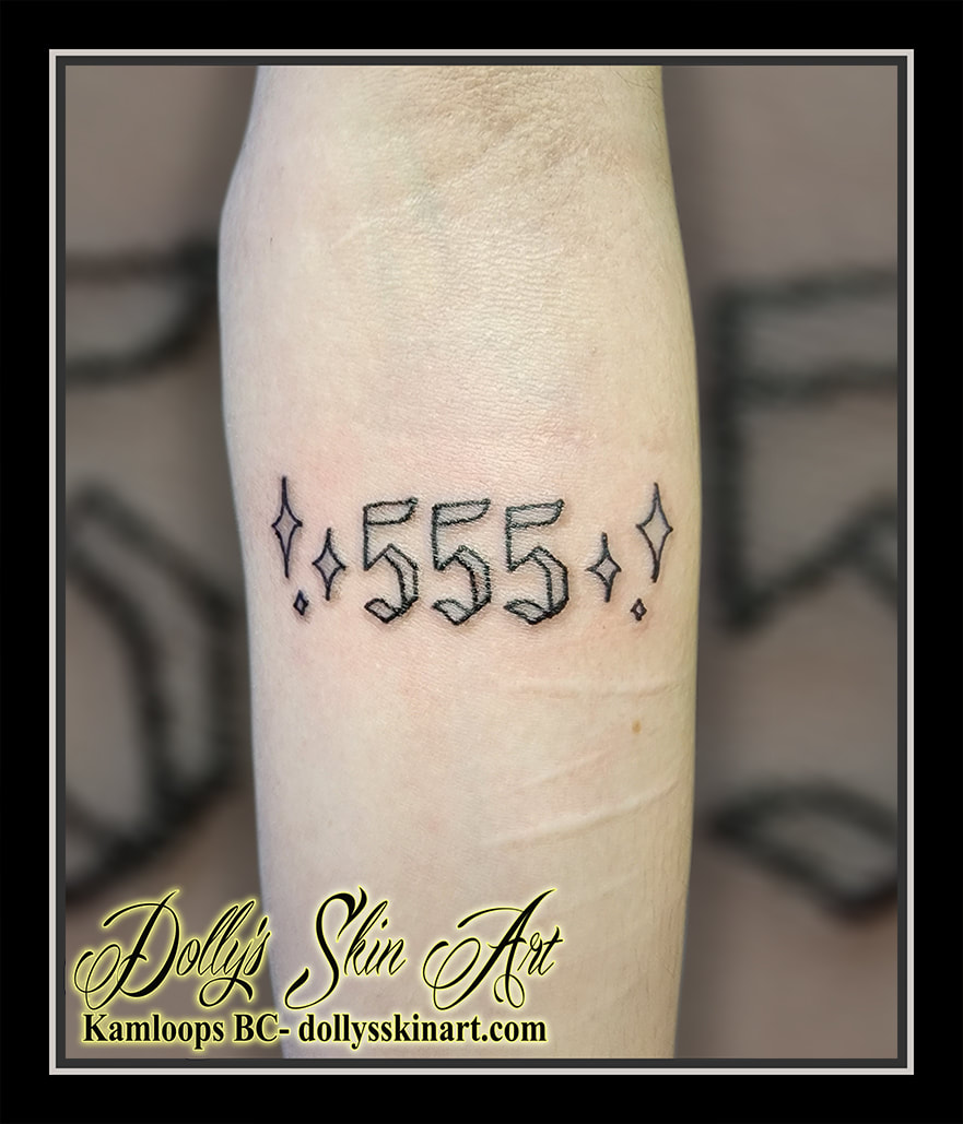 555 tattoo five numeral black script arm tattoo kamloops dolly's skin art