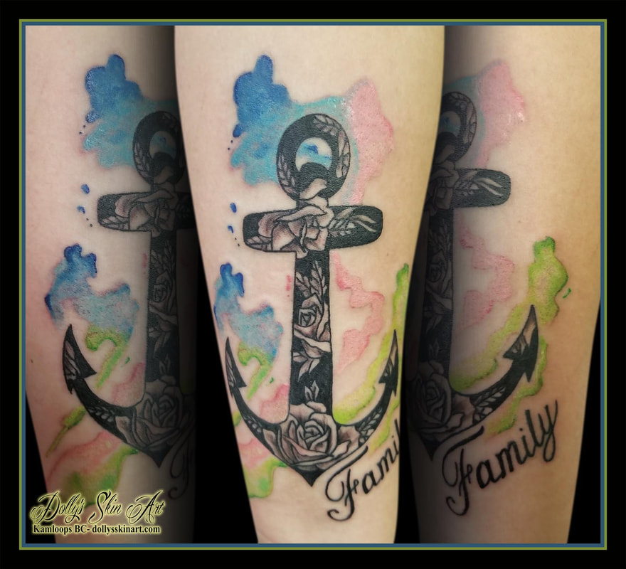 anchor tattoo black grey roses shading water color colour blue pink green family lettering script font tattoo kamloops dolly's skin art