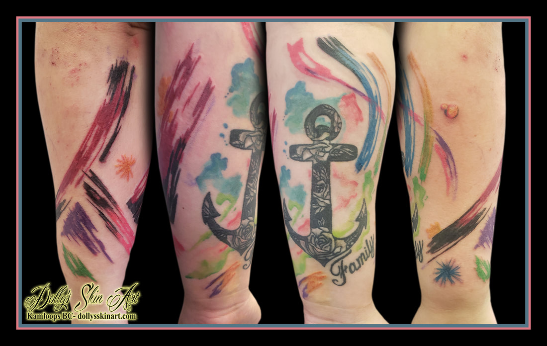 brush stroke tattoo paint ink colour red black purple green yellow orange water colour tattoo dolly's skin art kamloops
