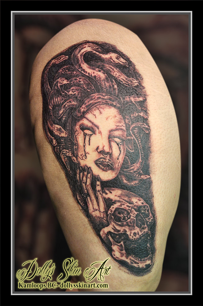 medusa tattoo black and grey shading leg cover up tattoo kamloops dolly's skin art