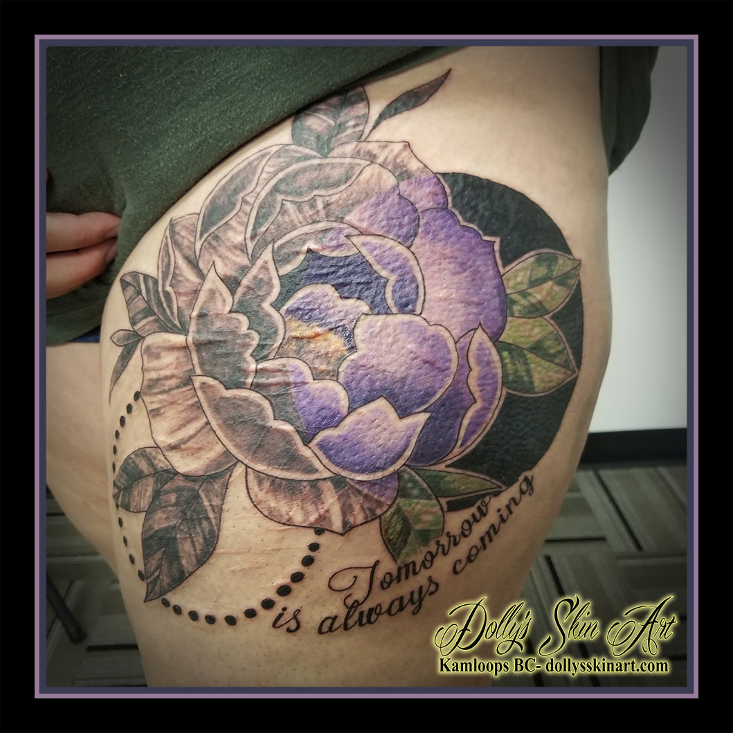 peony tattoo black and grey colour shading purple green leaves beads tomorrow is always coming tattoo kamloops dolly's skin art