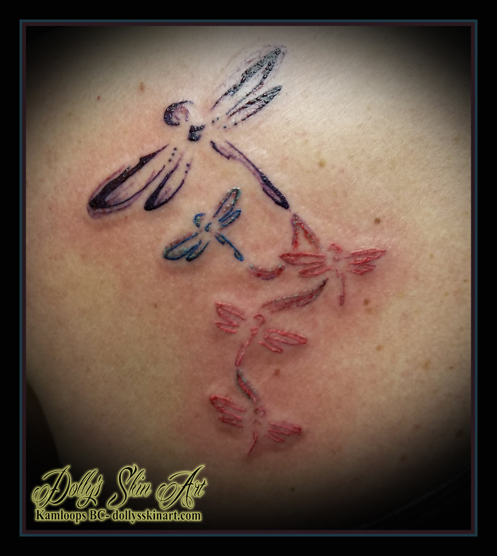 dragonfly dragonflies colour purple blue red children kids shoulder tattoo kamloops dolly's skin art