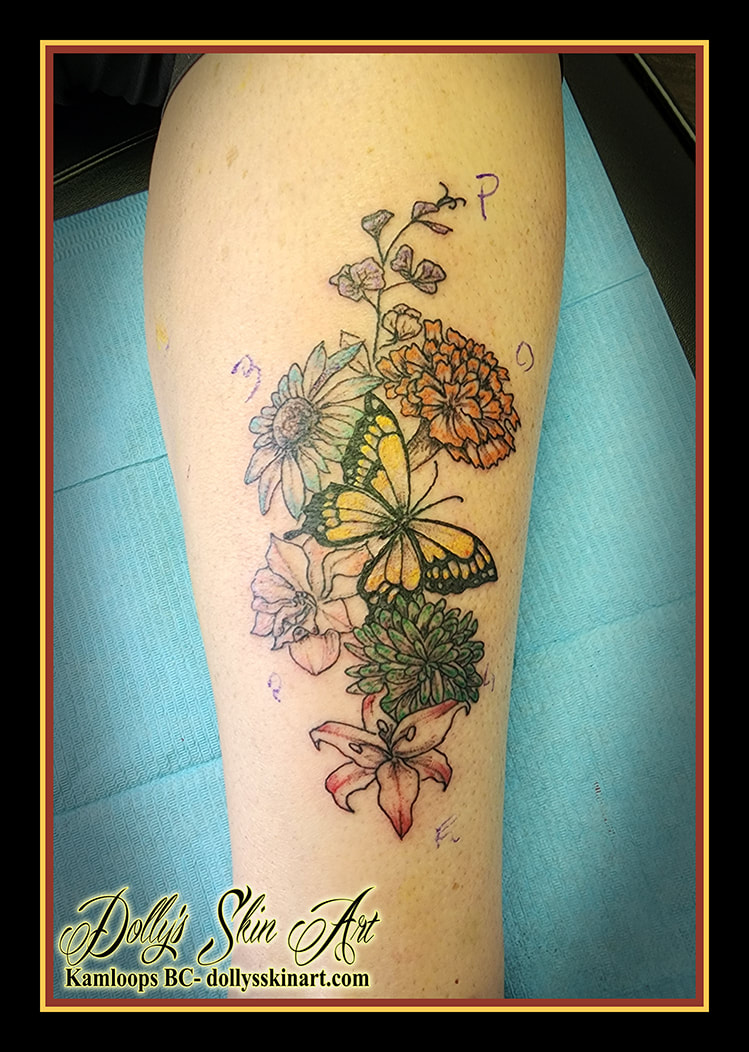 butterfly tattoo flowers floral colour leg purple orange blue yellow pink green red black shading tattoo dolly's skin art kamloops