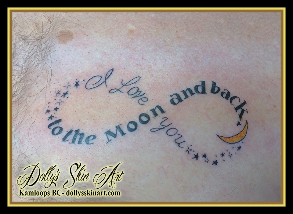 I love you to the moon and back stars infinity yellow moon font lettering tattoo kamloops dolly's skin art