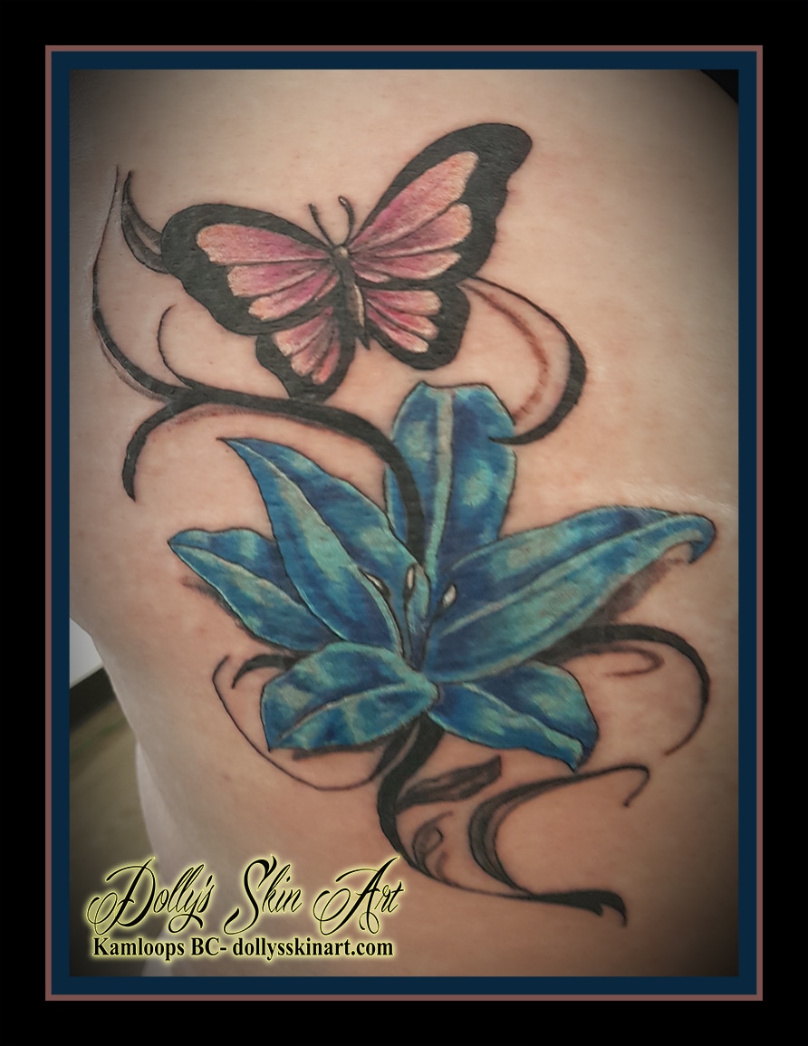 colour lily butterfly coverup tattoo filigree blue pink black kamloops dolly's skin art