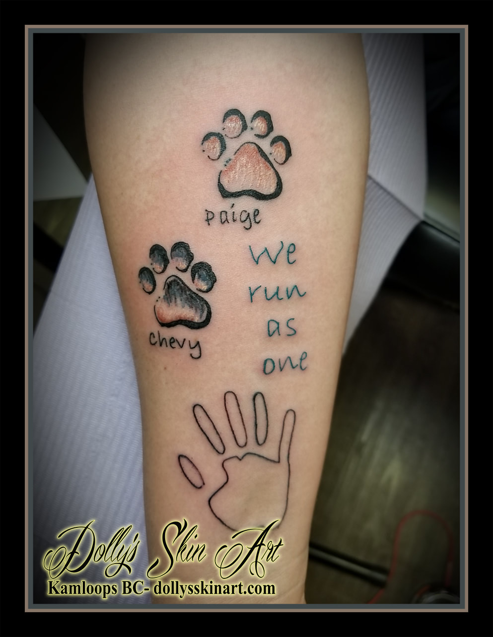 pup dog paw print colour green black we run as one paige chevy handprint lettering font tattoo kamloops dolly's skin art
