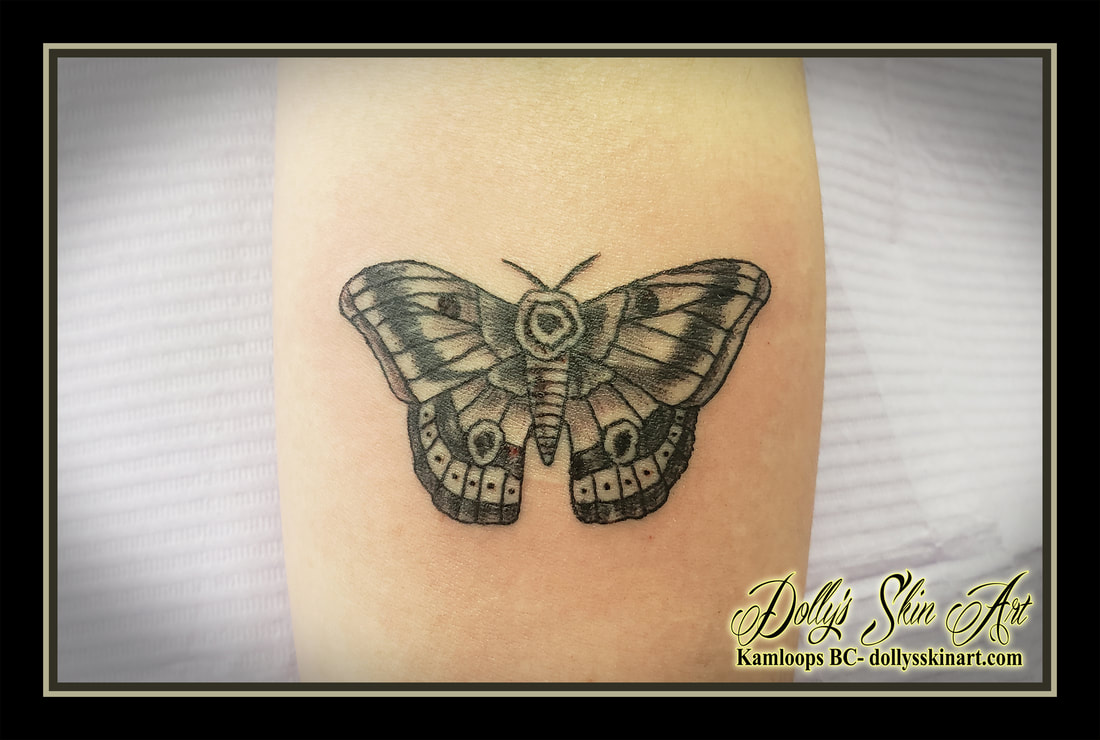 moth tattoo black and grey shading forearm tattoo kamloops dolly's skin art