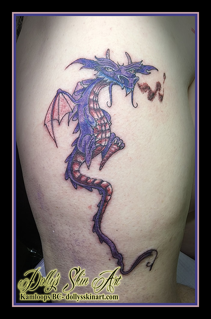 dragon tattoo colour cartoon animated purple blue white red pink black bicep arm tattoo dolly's skin art kamloops