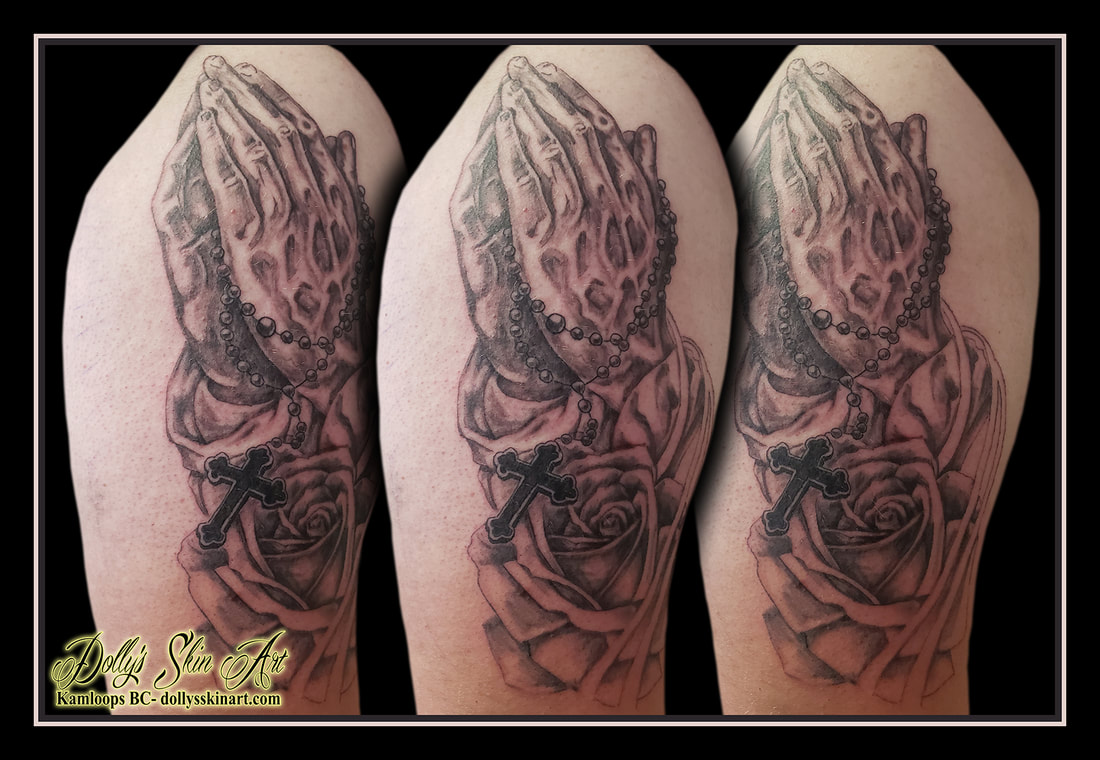 praying hands tattoo rosary rose flower black and grey shading christian catholic tattoo dolly's skin art kamloops