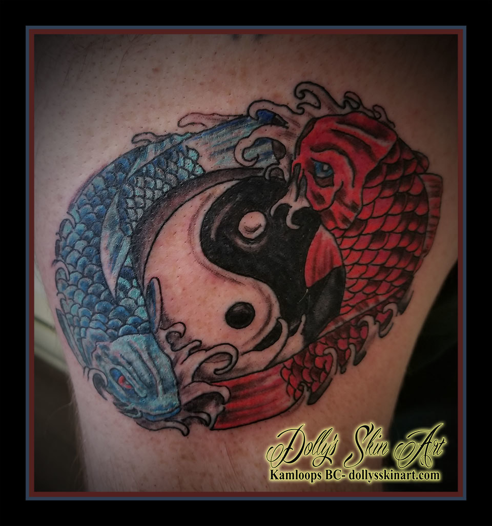 blue and red koi fish yin yang colour black water swimming circle tattoo kamloops dolly's skin art