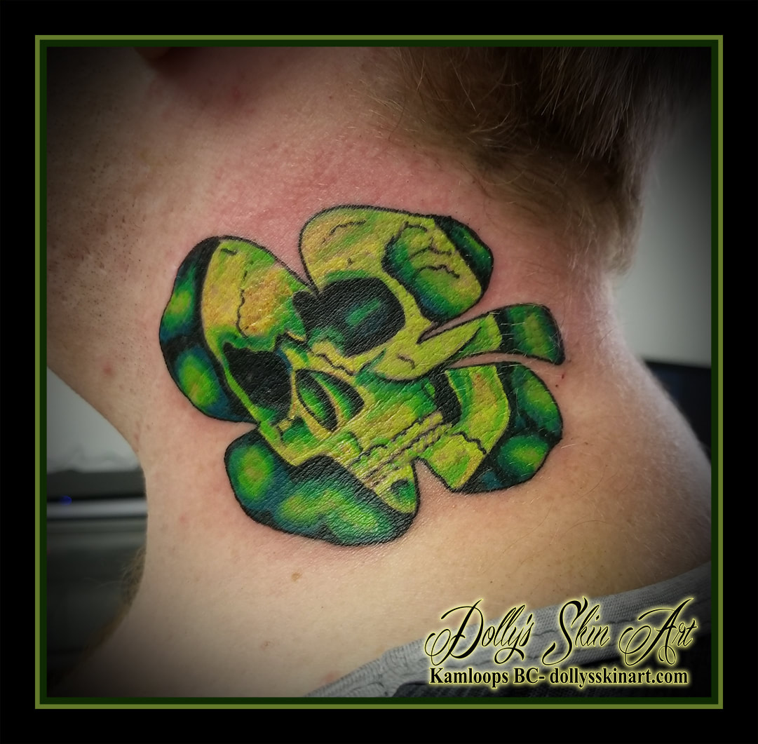 green black clover four leaf 4 skull yellow neck tattoo kamloops dolly's skin art