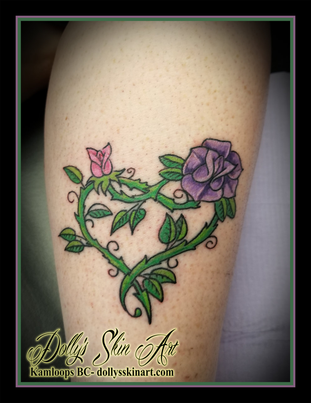 leg tattoo flower rose vine leaf green purple pink heart kamloops dolly's skin art 